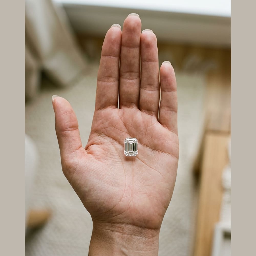 1-1/4 Carat Emerald Lab Grown Diamond, true-scale on open palm