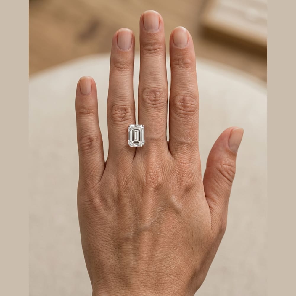 1-3/4 Carat Emerald Lab Grown Diamond, true-scale on open palm
