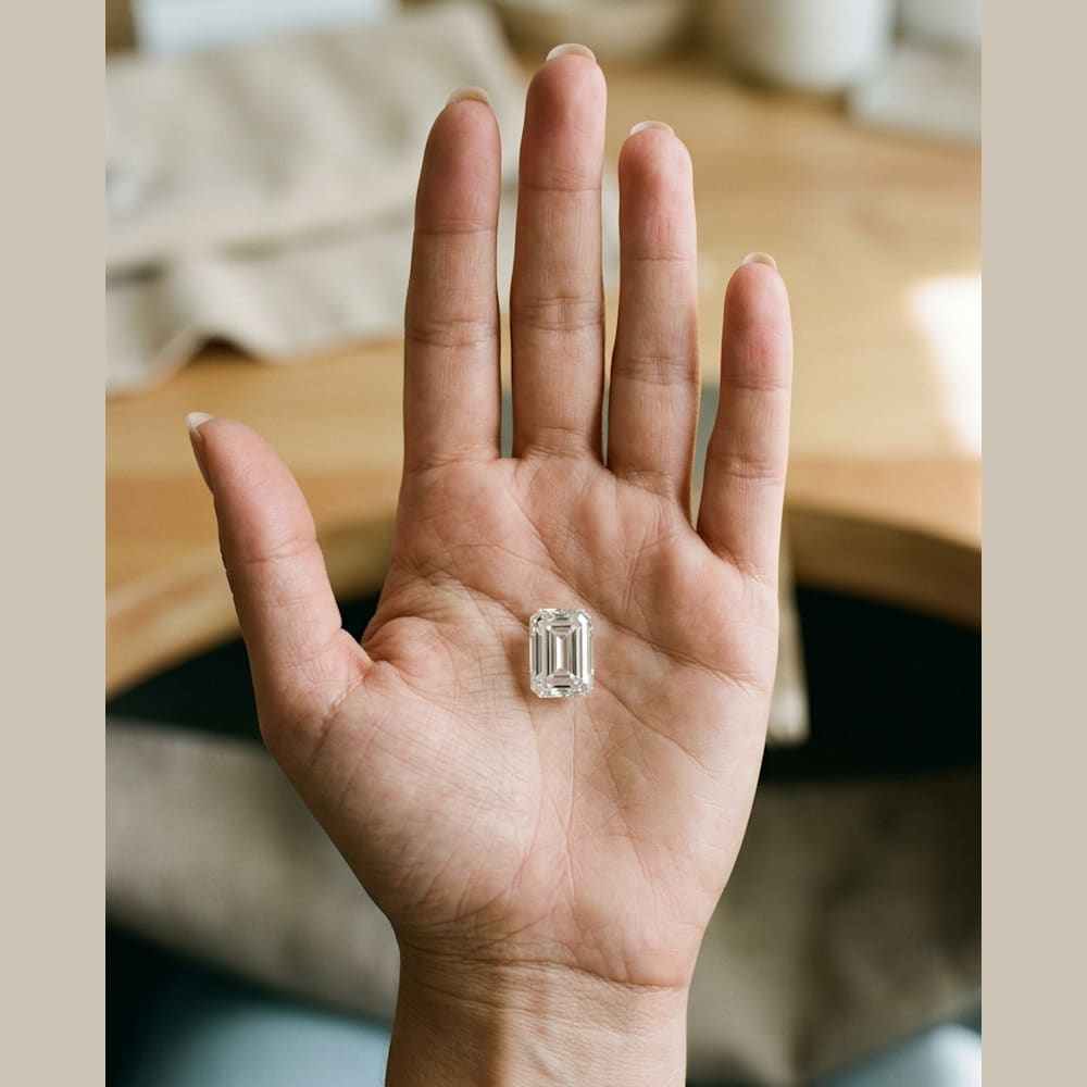 2 Carat Emerald Lab Grown Diamond, true-scale on open palm