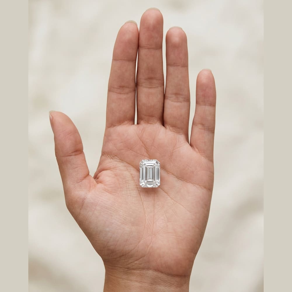2-1/2 Carat Emerald Lab Grown Diamond, true-scale on open palm