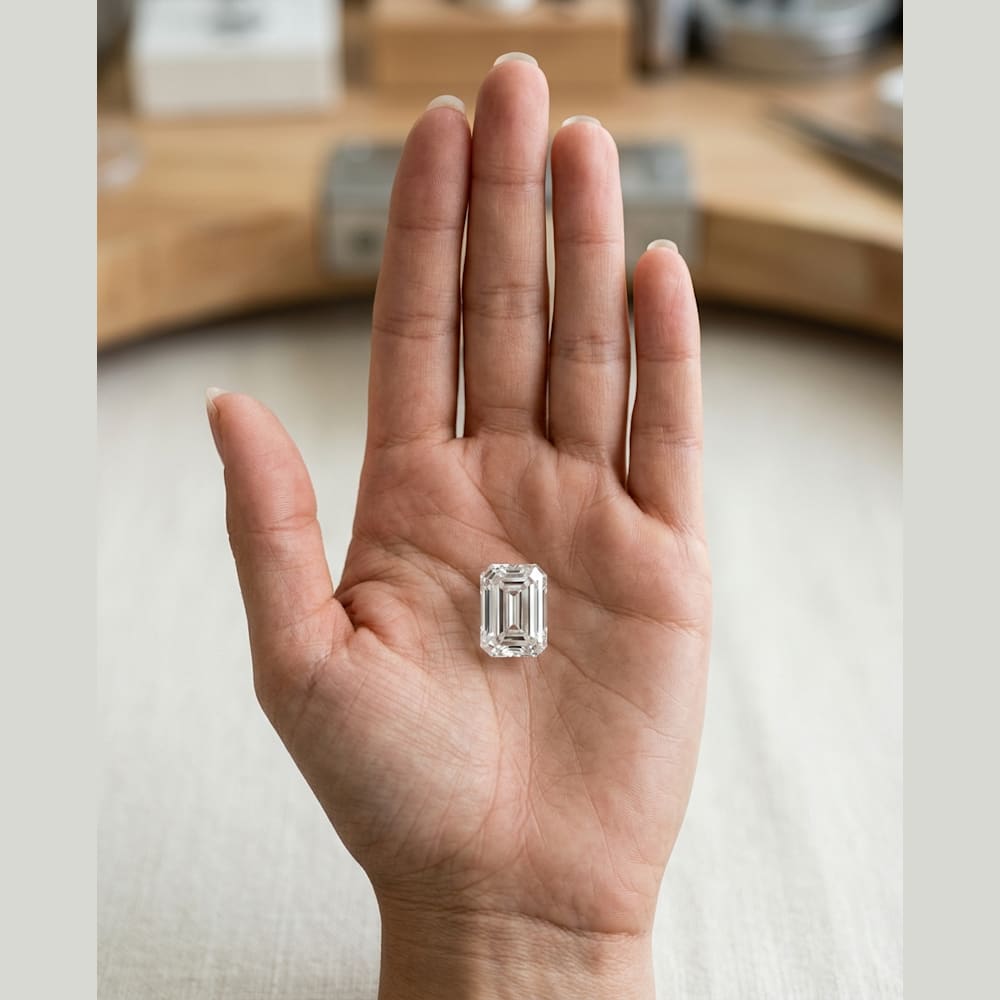 3 Carat Emerald Lab Grown Diamond, true-scale on open palm