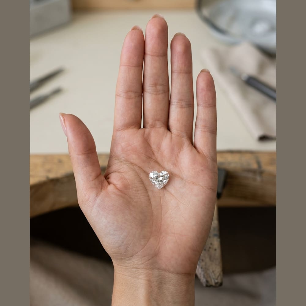 1-1/4 Carat Heart Lab Grown Diamond, true-scale on open palm