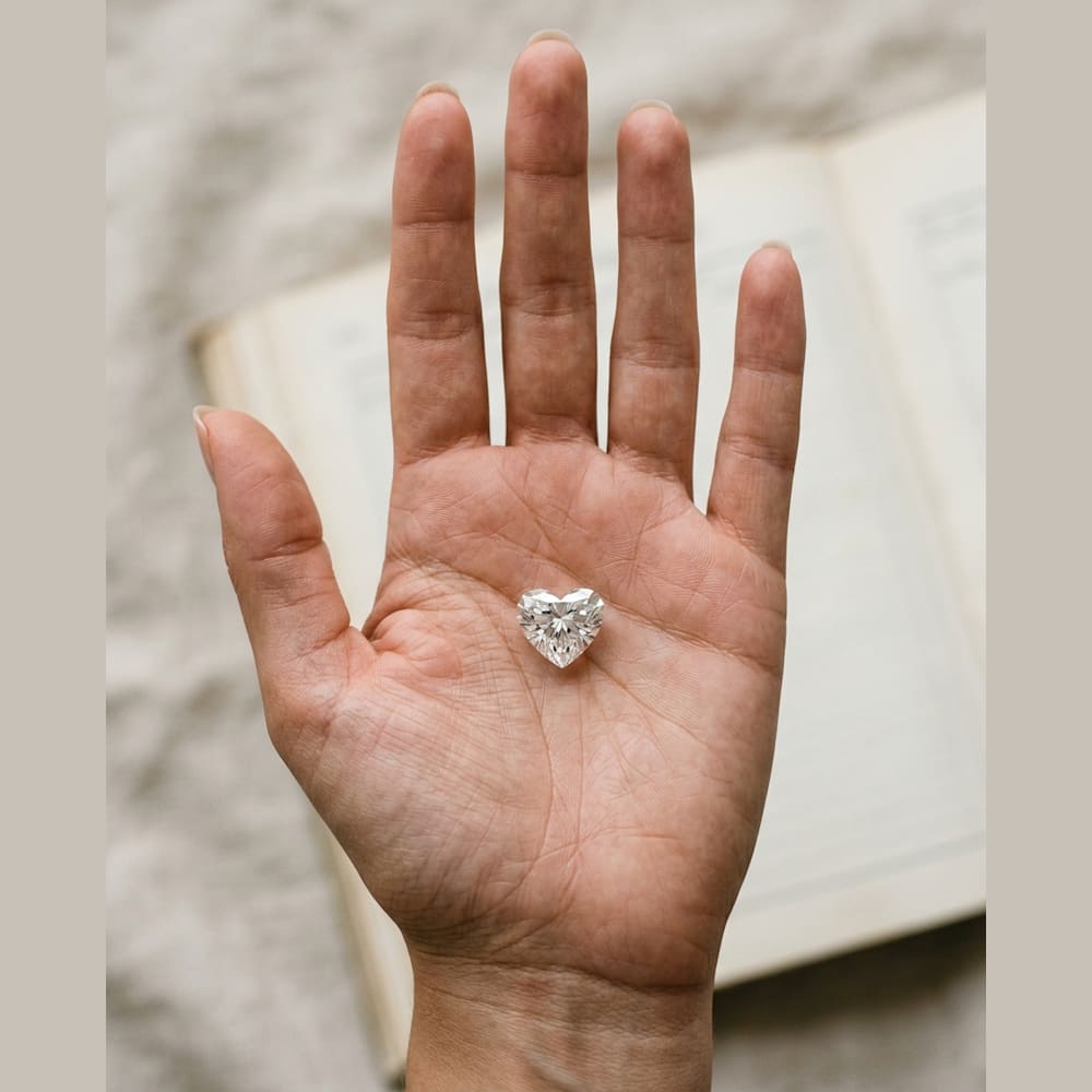 1-1/2 Carat Heart Lab Grown Diamond, true-scale on open palm