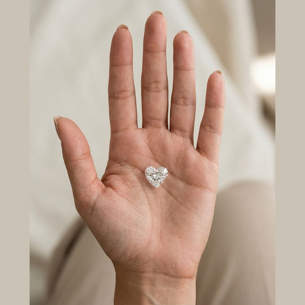 2 Carat Heart Lab Grown Diamond, true-scale on open palm