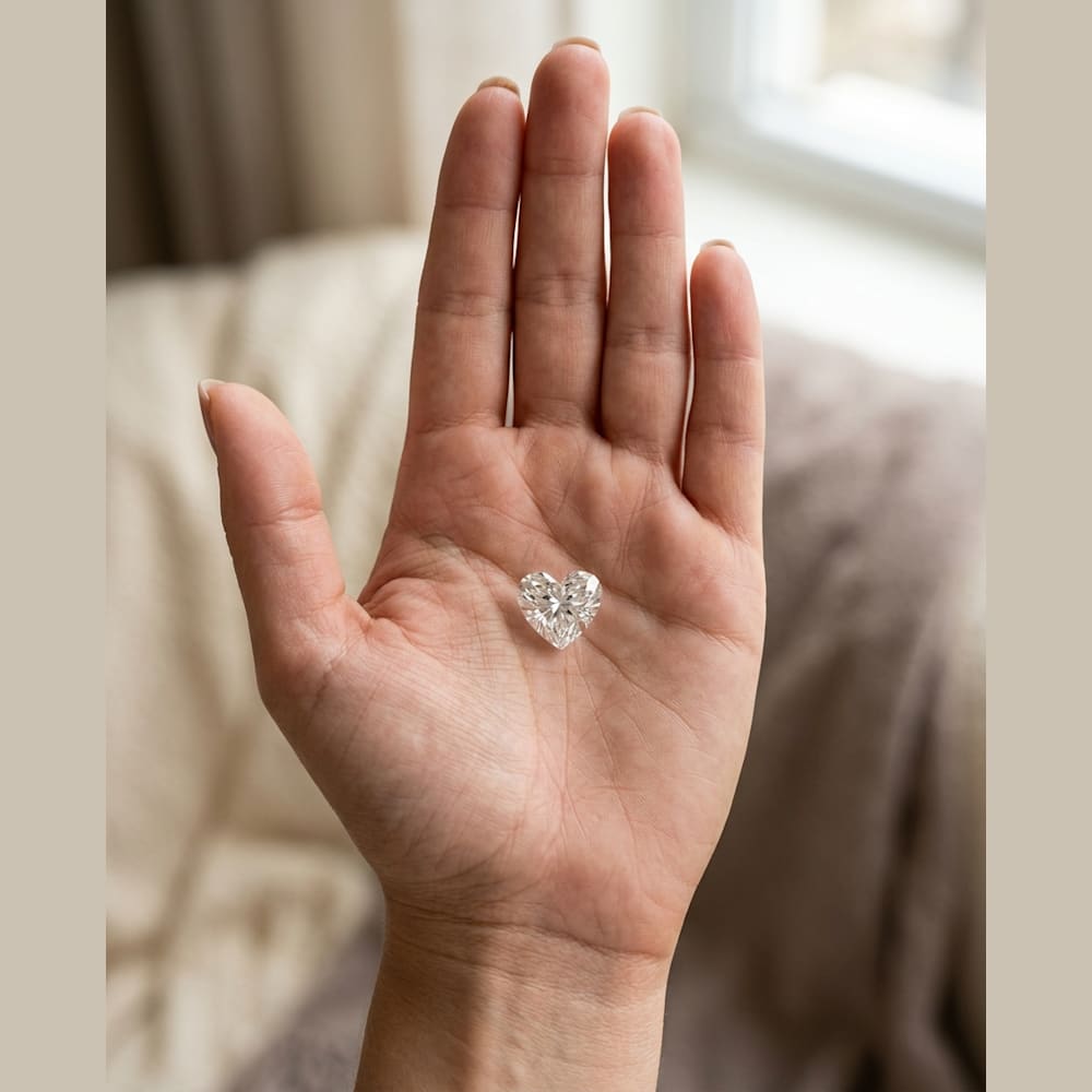 2-1/2 Carat Heart Lab Grown Diamond, true-scale on open palm