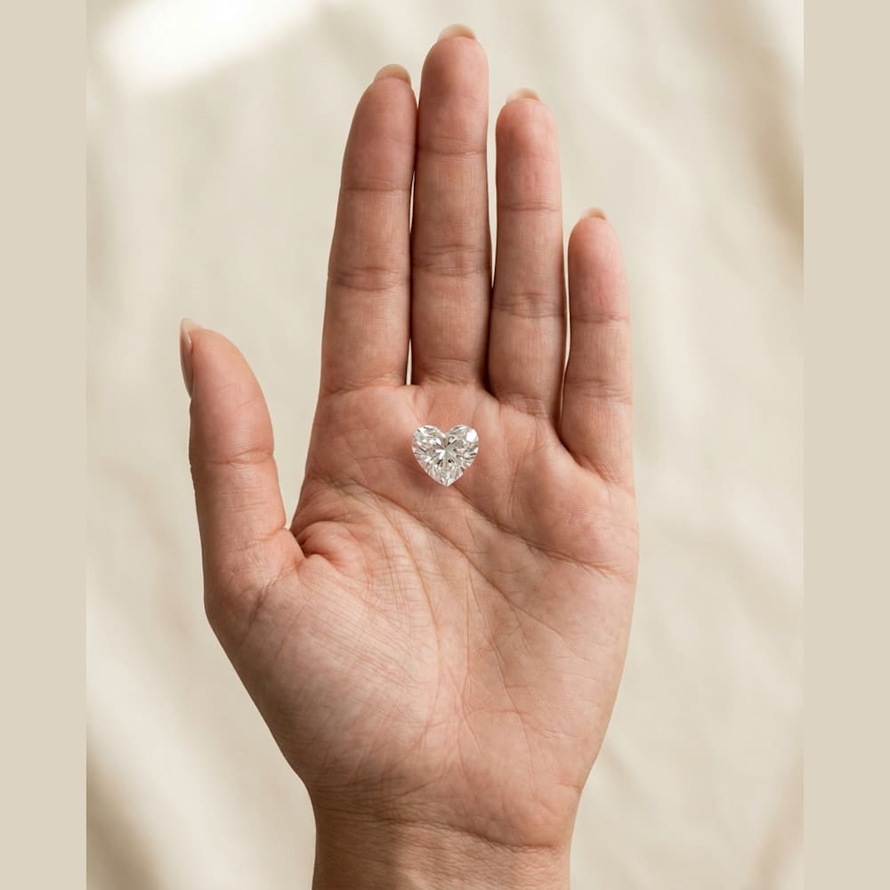 3 Carat Heart Lab Grown Diamond, true-scale on open palm