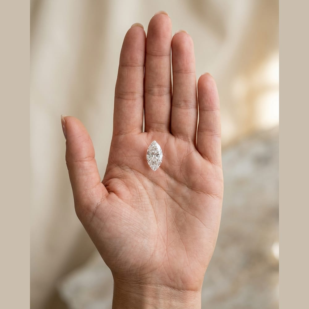 1 Carat Marquise Lab Grown Diamond, true-scale on open palm