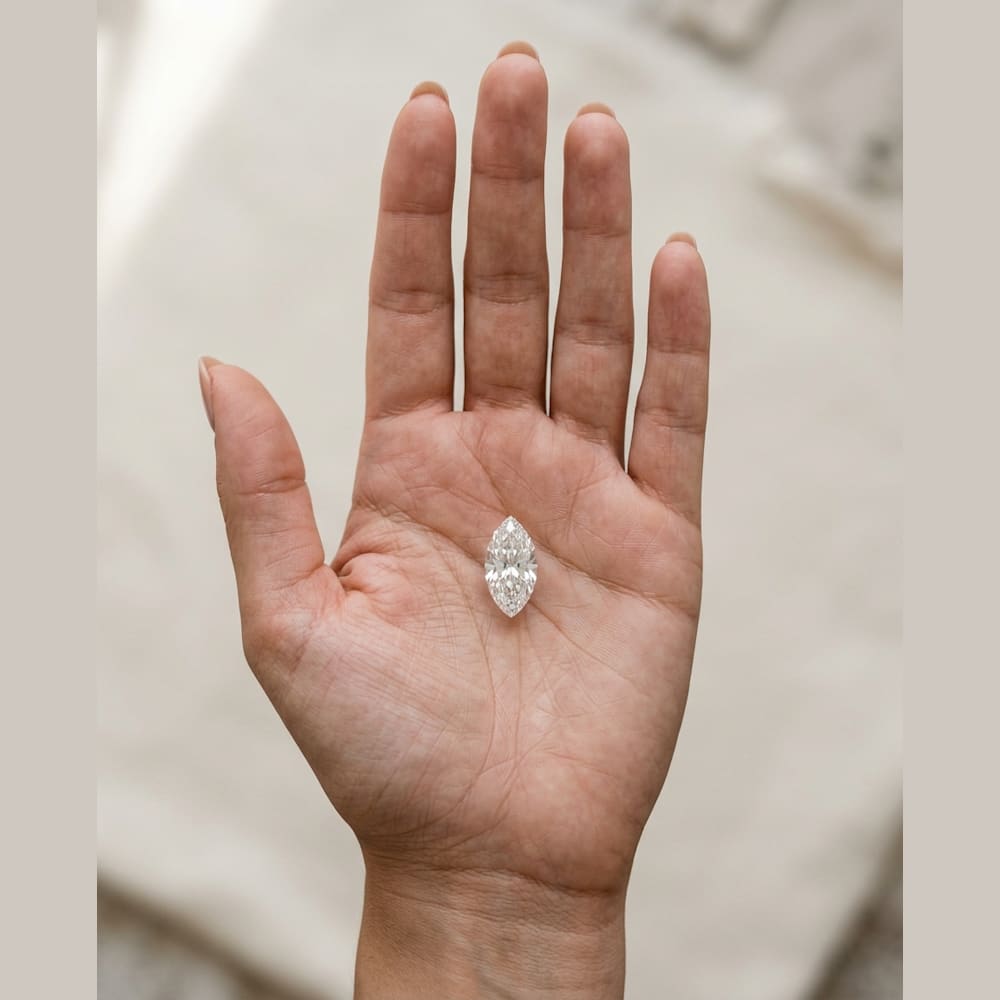 1-1/2 Carat Marquise Lab Grown Diamond, true-scale on open palm