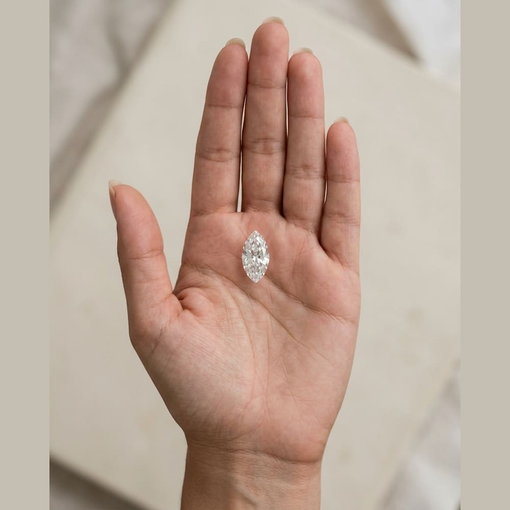 1-3/4 Carat Marquise Lab Grown Diamond, true-scale on open palm
