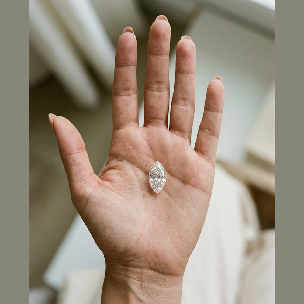 2 Carat Marquise Lab Grown Diamond, true-scale on open palm