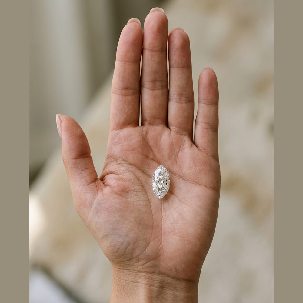 2-1/2 Carat Marquise Lab Grown Diamond, true-scale on open palm