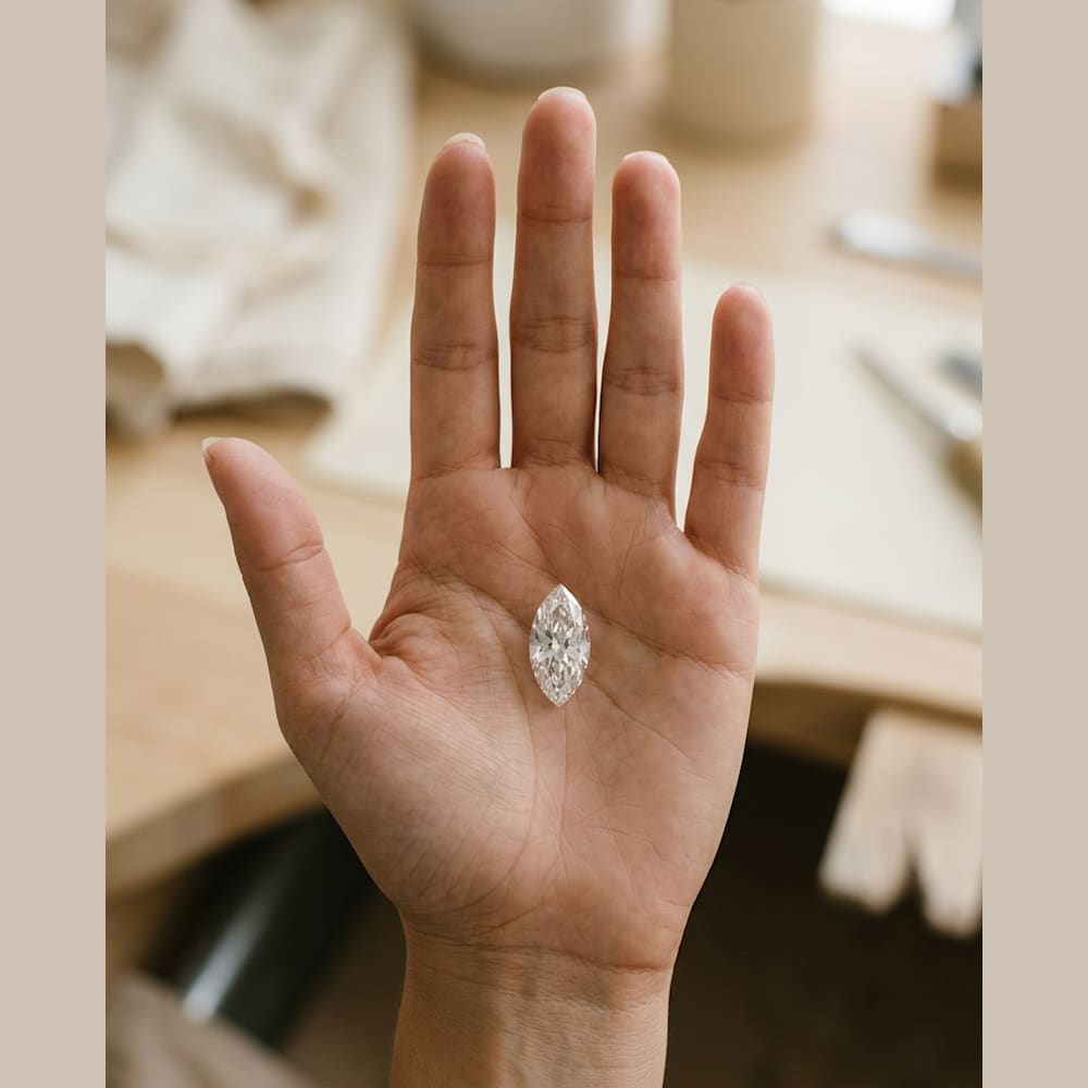 3 Carat Marquise Lab Grown Diamond, true-scale on open palm