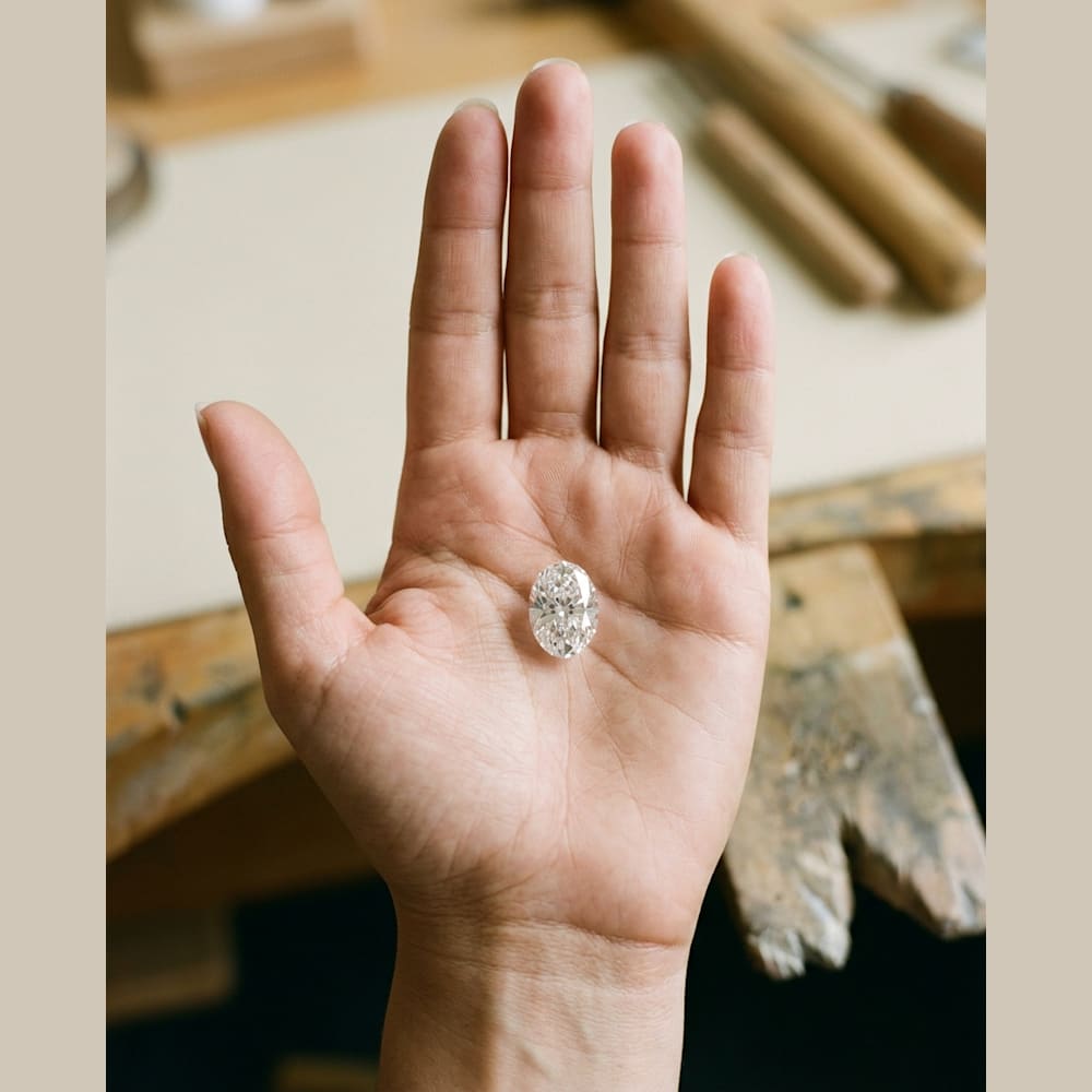 3 Carat Oval Lab Grown Diamond, true-scale on open palm