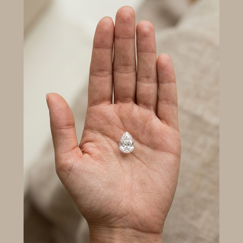 1-1/4 Carat Pear Lab Grown Diamond, true-scale on open palm