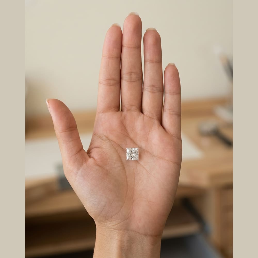 1-1/4 Carat Princess Lab Grown Diamond, true-scale on open palm