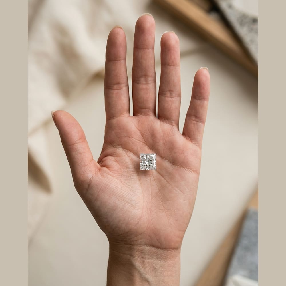 1-1/2 Carat Princess Lab Grown Diamond, true-scale on open palm