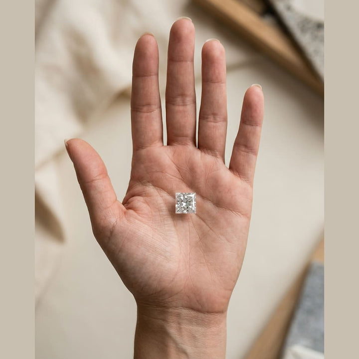 1-1/2 Carat Princess Lab Grown Diamond — true-scale on open palm