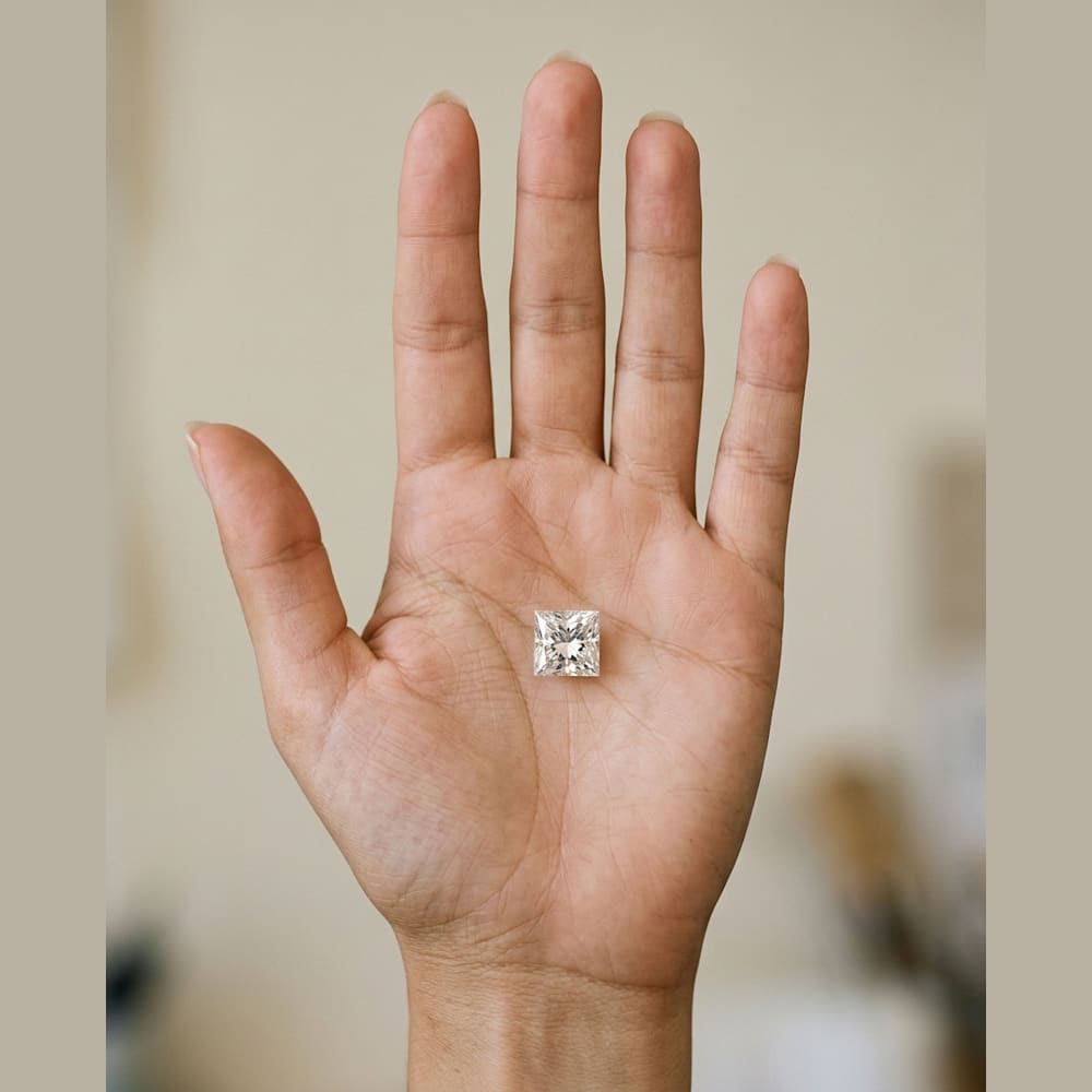 1-3/4 Carat Princess Lab Grown Diamond, true-scale on open palm