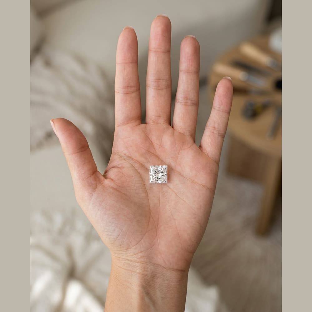 2 Carat Princess Lab Grown Diamond, true-scale on open palm