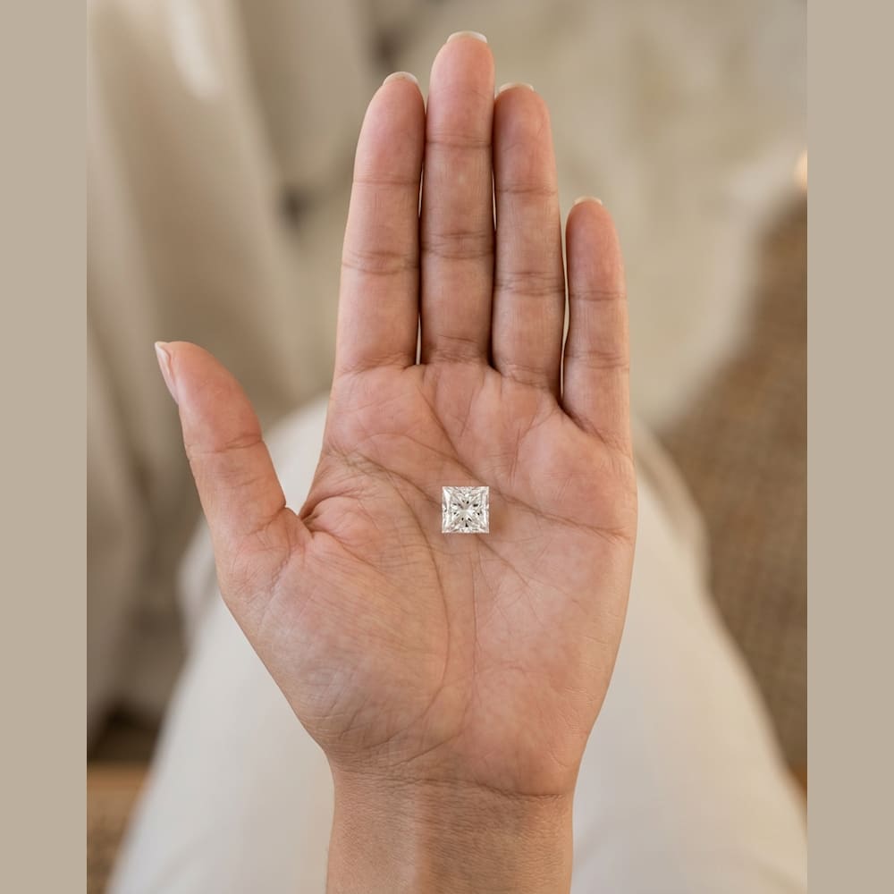2-1/2 Carat Princess Lab Grown Diamond, true-scale on open palm