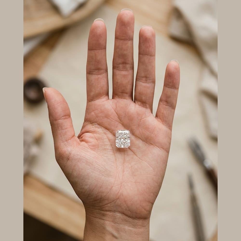 1-1/2 Carat Radiant Lab Grown Diamond, true-scale on open palm