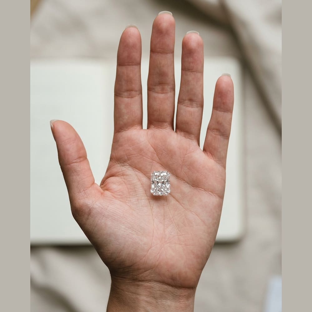 1-3/4 Carat Radiant Lab Grown Diamond, true-scale on open palm