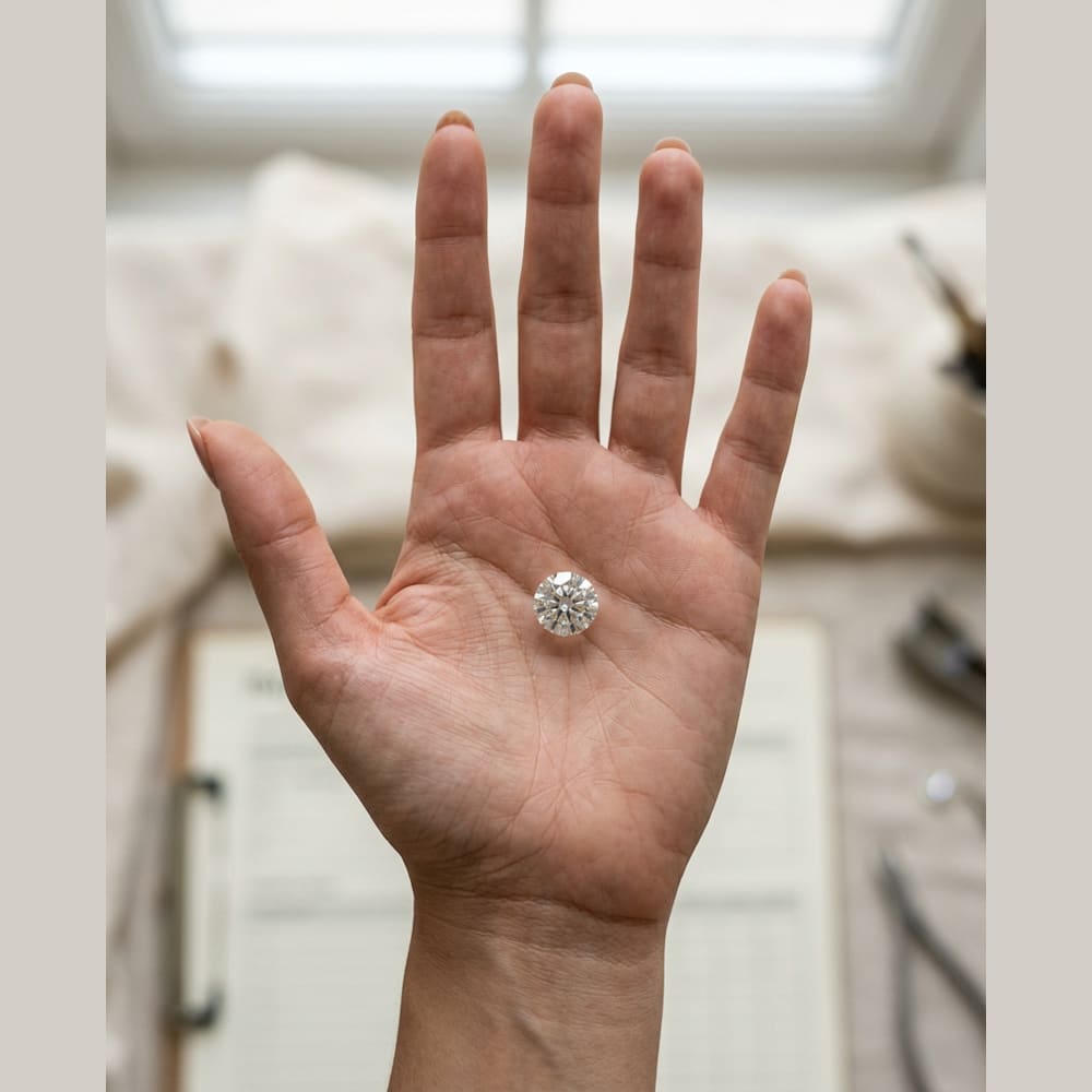 2-1/2 Carat Round Lab Grown Diamond, true-scale on open palm