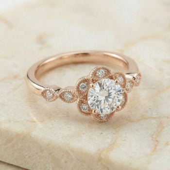 The Linda Scalloped Halo Floral Leaf Round Engagement Ring Setting in 14K Rose Gold