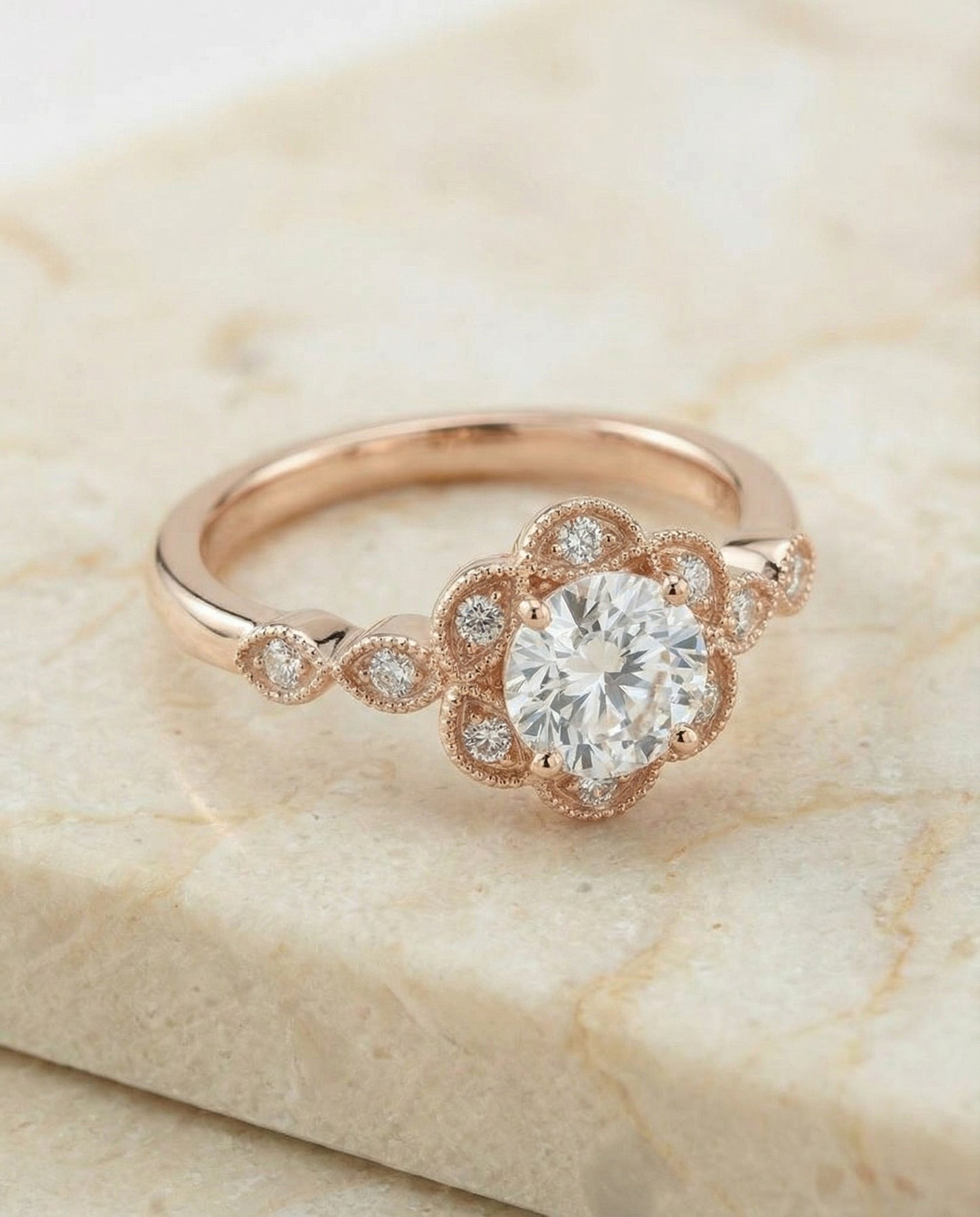 Round Brilliant, Scalloped Halo Floral Leaf, in 14K Rose Gold, pave setting – angled view | RockHer