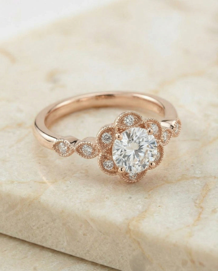 Round Brilliant, Scalloped Halo Floral Leaf, in 14K Rose Gold, pave setting – angled view | RockHer