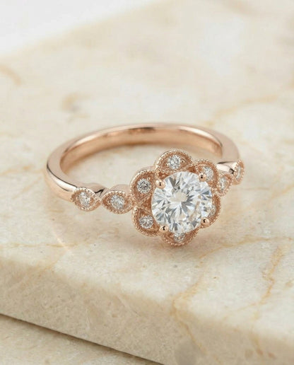Linda Select scalloped halo floral leaf round ring in 14K Rose Gold — alt angle — RockHer