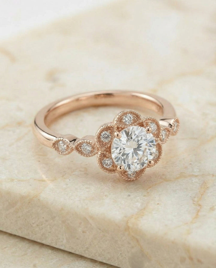 Linda Select scalloped halo floral leaf round ring in 14K Rose Gold — alt angle — RockHer