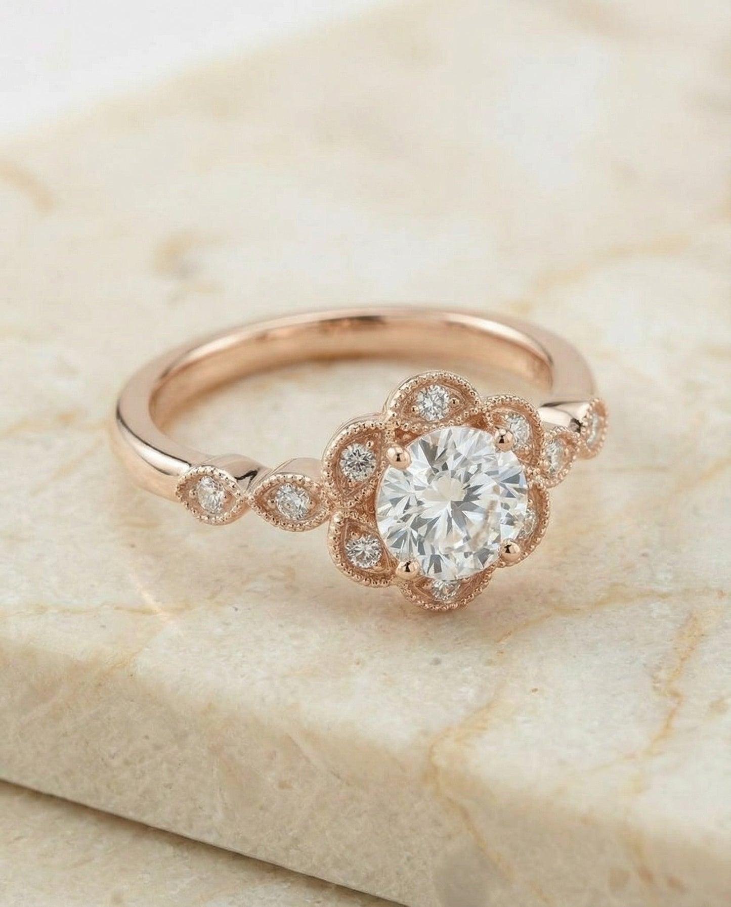 Linda Select Scalloped Halo Floral Leaf Round Lab Diamond Engagement Ring in 14K Rose Gold, alternate angle | RockHer
