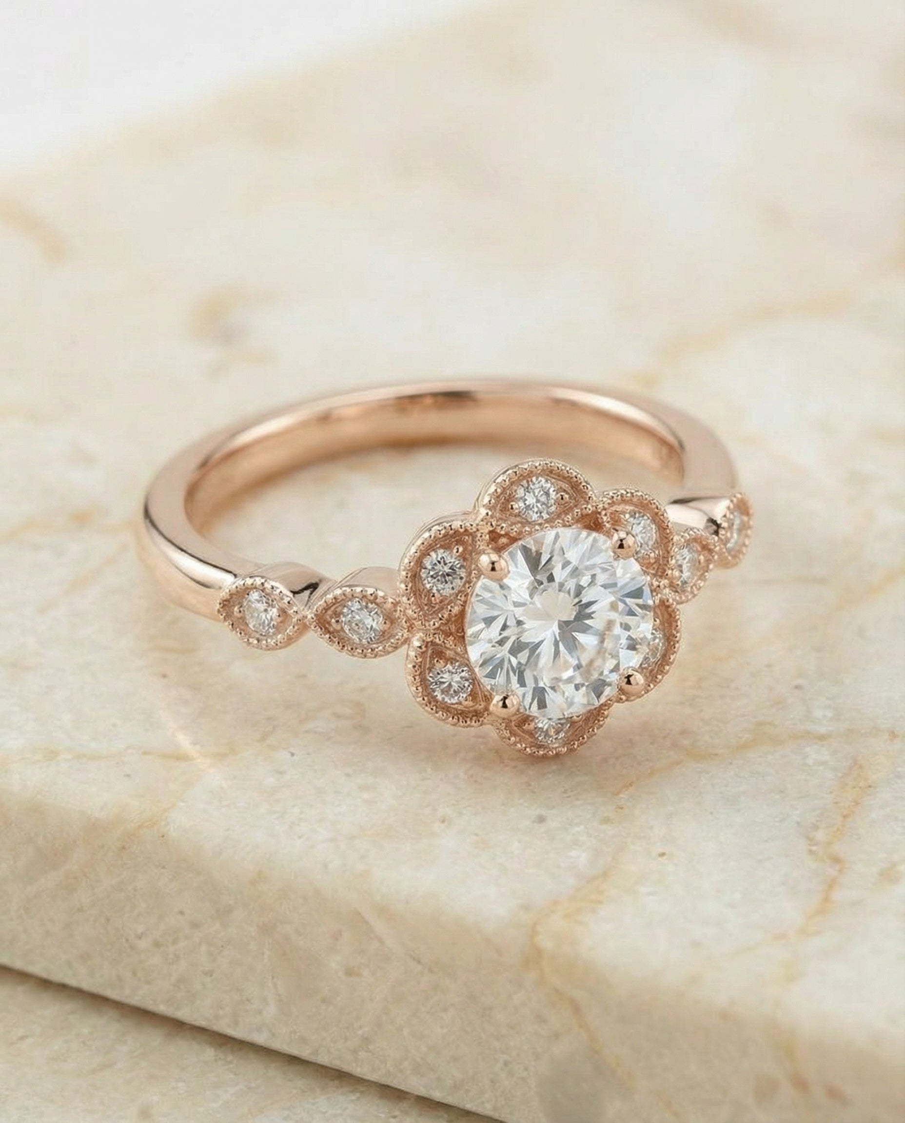 Linda Select Scalloped Halo Floral Leaf Round Lab Diamond Engagement Ring in 14K Rose Gold, alternate angle | RockHer