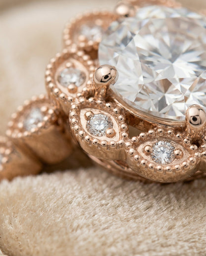 Linda Select Scalloped Halo Floral Leaf Round Lab Diamond Engagement Ring in 14K Rose Gold, detail view | RockHer