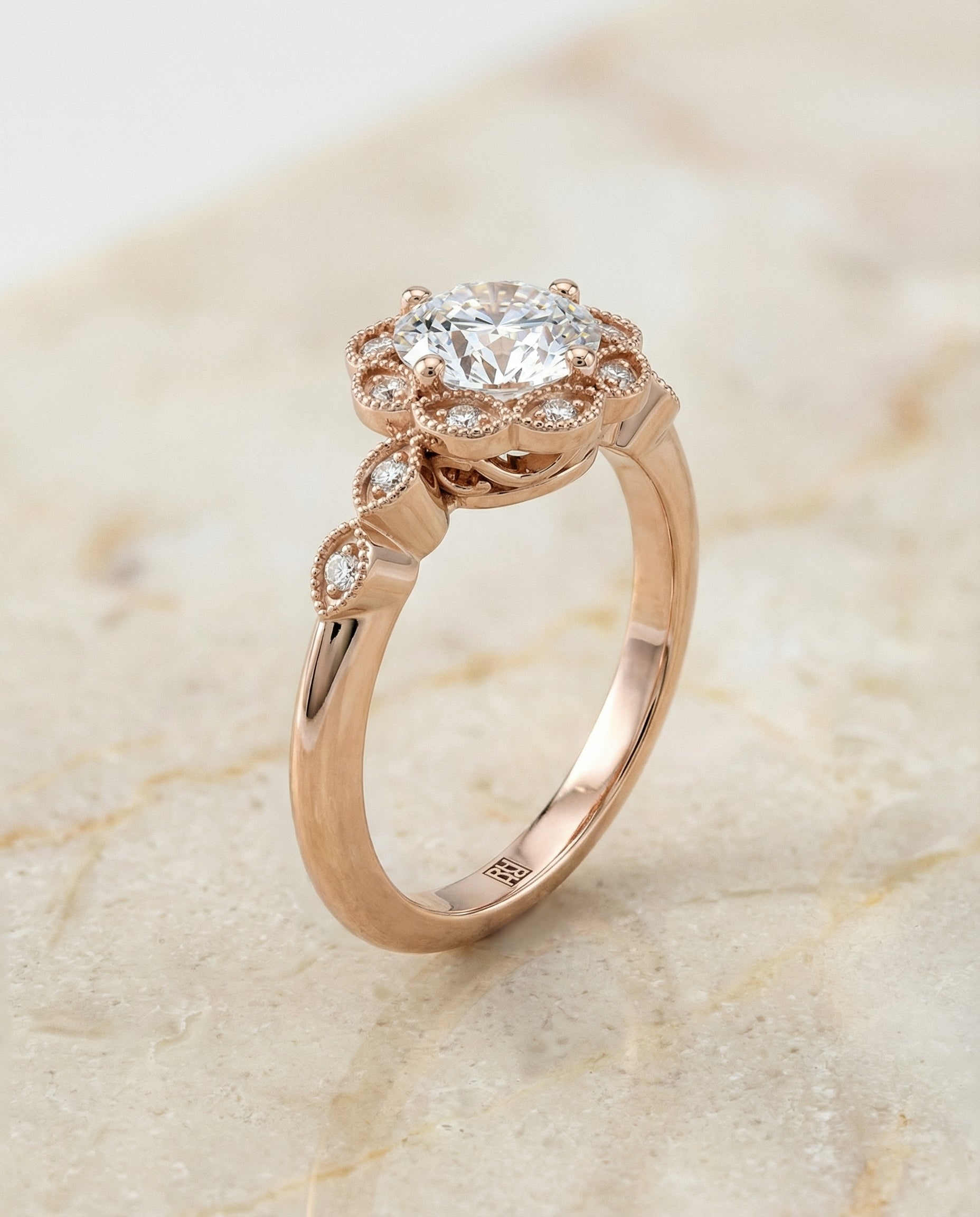 Scalloped Halo Floral Leaf styling on The Linda round engagement ring setting | RockHer