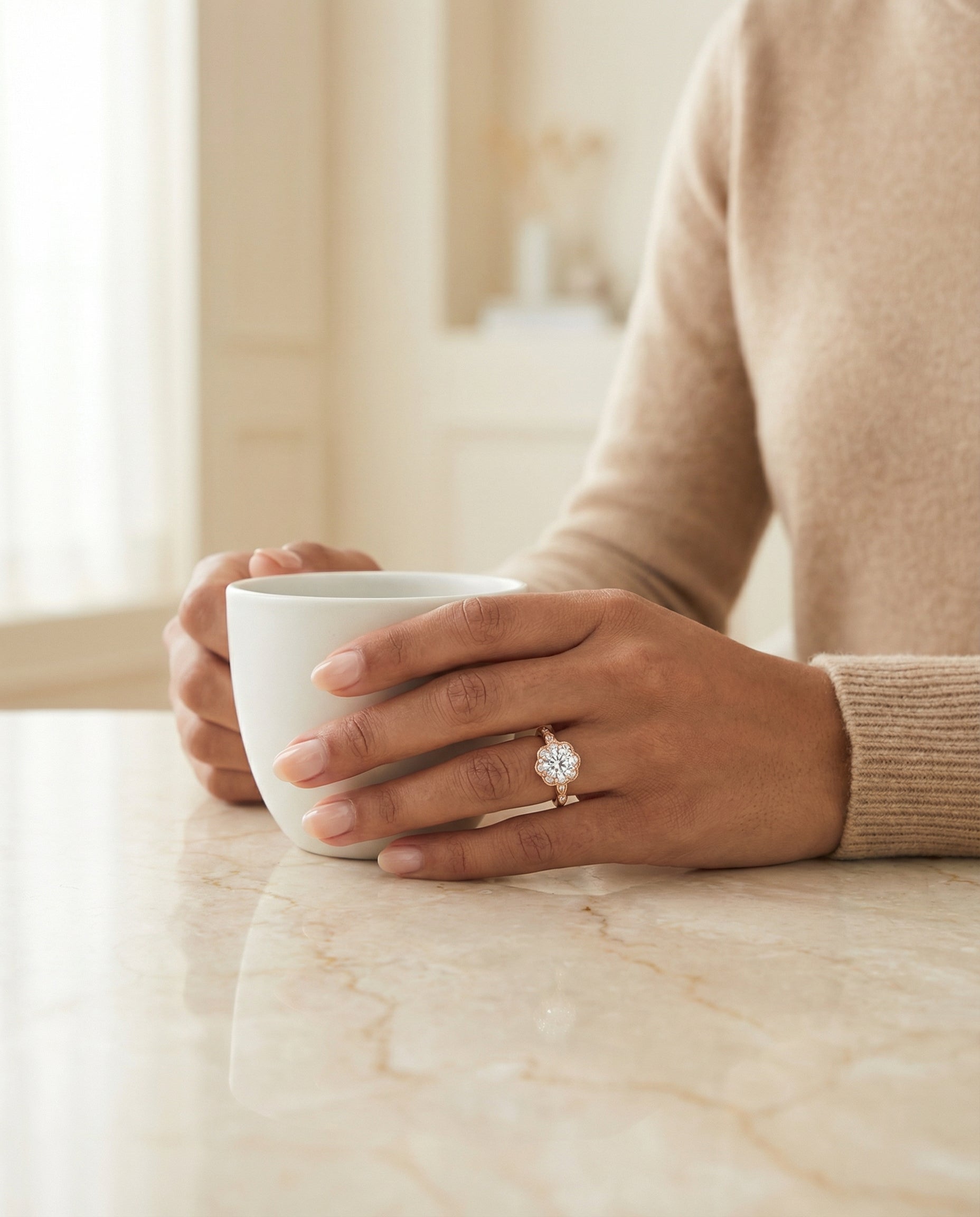 Linda Select Scalloped Halo Floral Leaf Round Lab Diamond Engagement Ring in 14K Rose Gold, lifestyle | RockHer