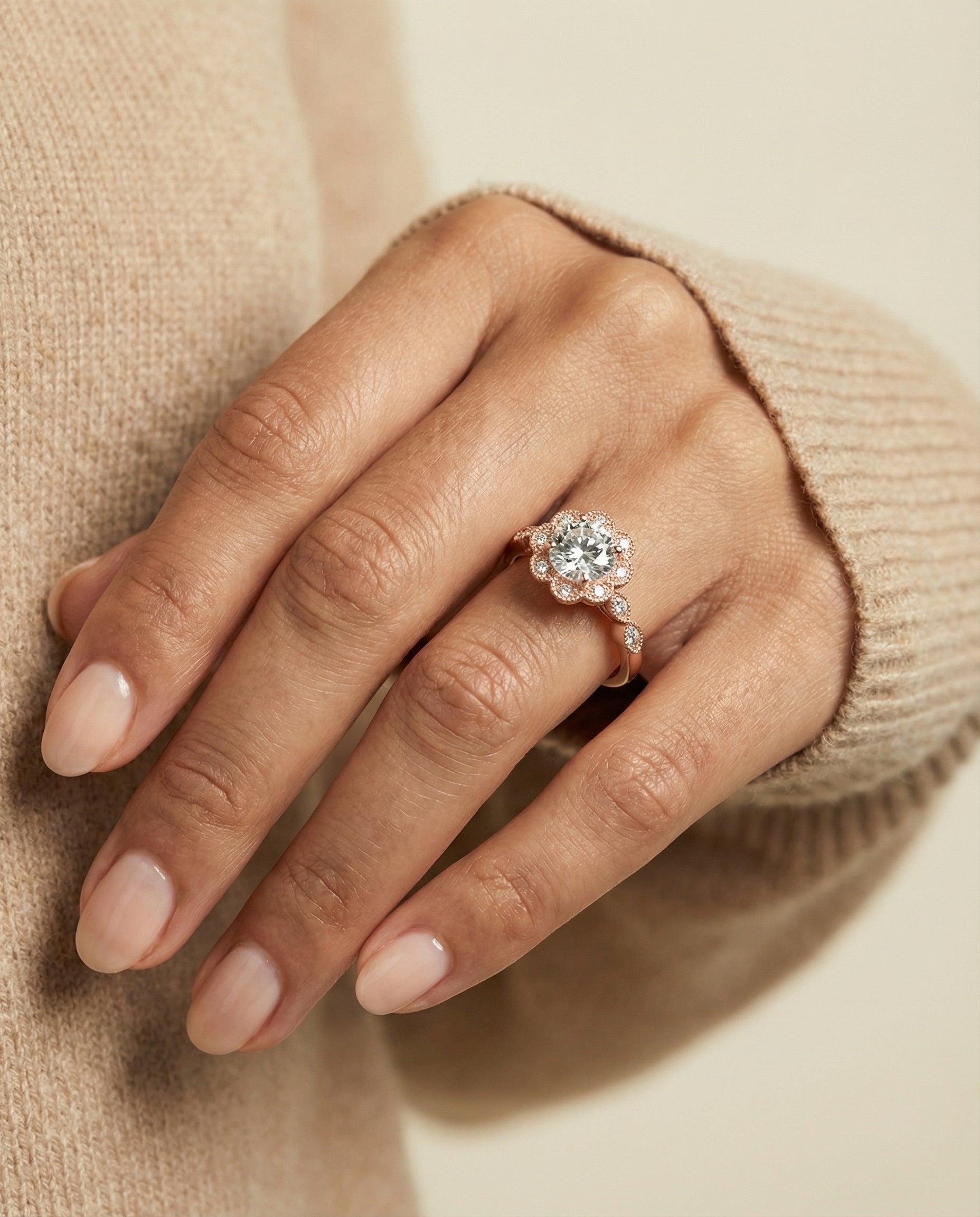 The Linda engagement ring setting in 14K Rose Gold, scalloped halo floral leaf design | RockHer