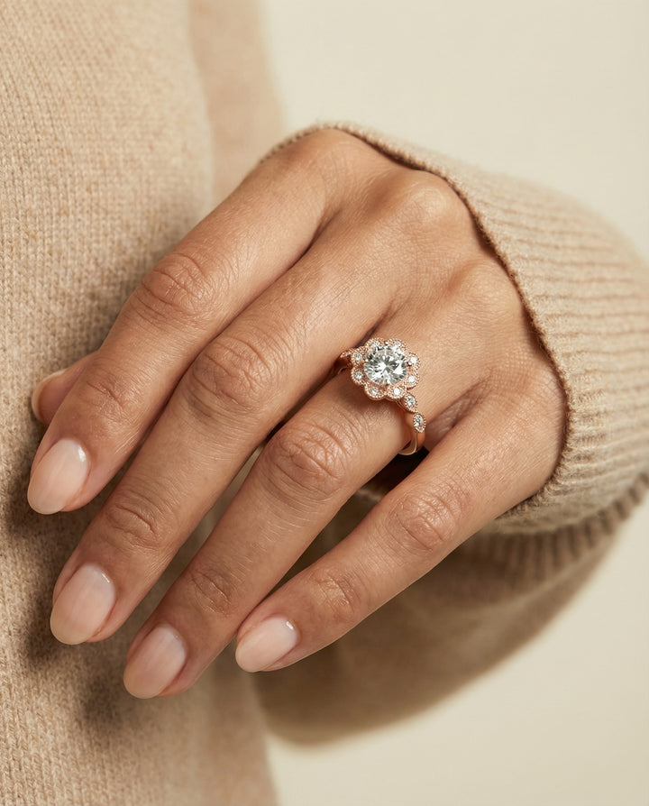 Round Brilliant, Scalloped Halo Floral Leaf, in 14K Rose Gold, pave setting – lifestyle shot | RockHer