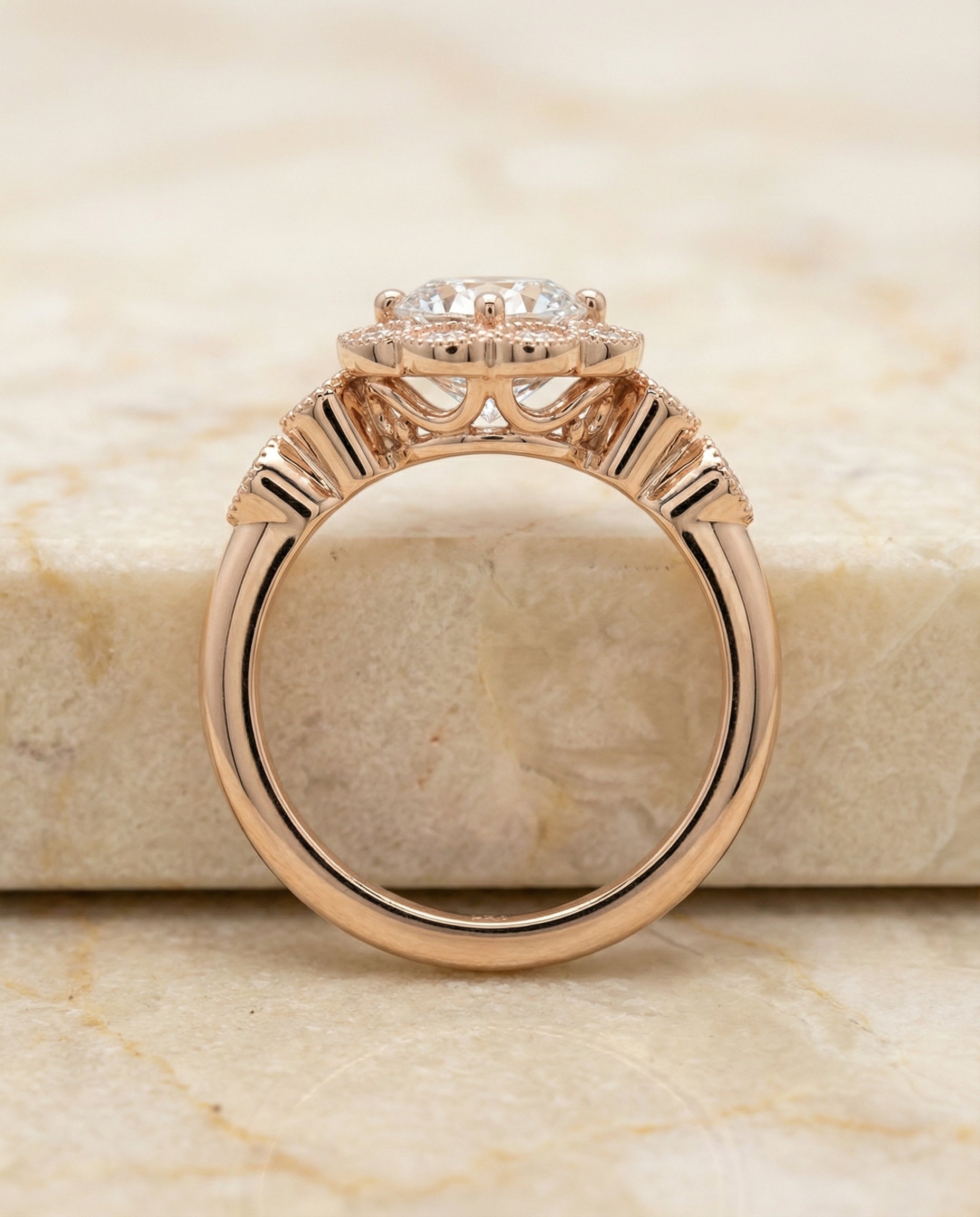 The Linda scalloped halo floral leaf engagement ring setting, shown in 14K Rose Gold | RockHer