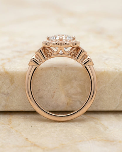 Round Brilliant, Scalloped Halo Floral Leaf, in 14K Rose Gold, pave setting – side profile | RockHer