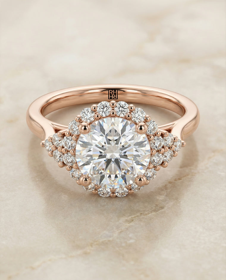 The Kai Scroll Gallery Halo Round Engagement Ring Setting in 14K Rose Gold
