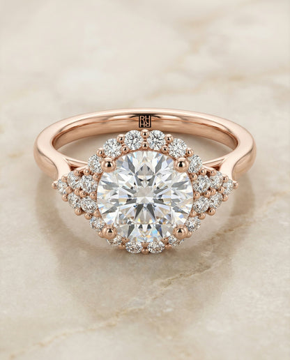 Kai Select scroll gallery halo round ring in 14K Rose Gold — alt angle — RockHer