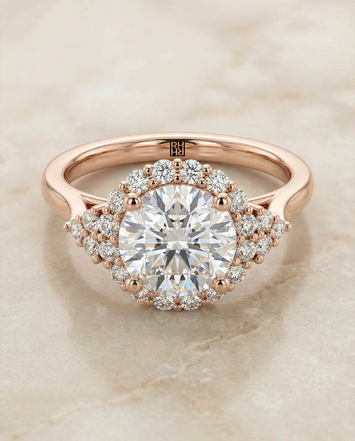 Kai Select scroll gallery halo round ring in 14K Rose Gold — alt angle — RockHer
