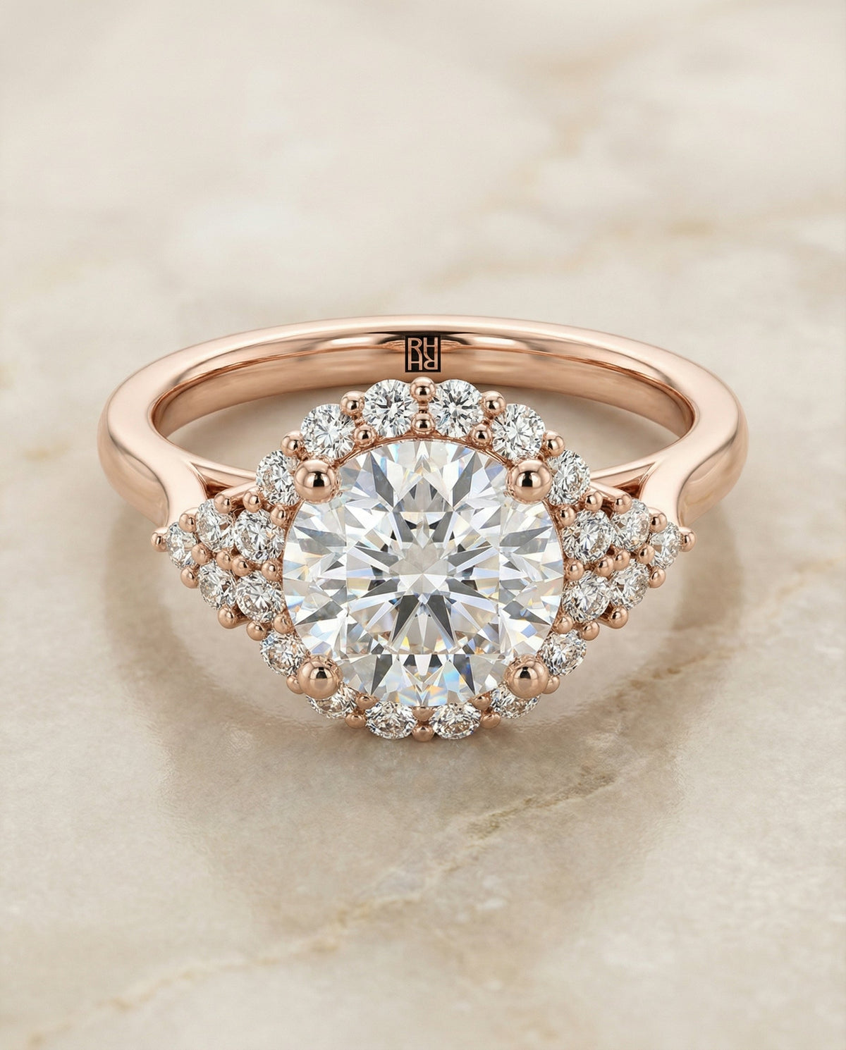 Kai Select Scroll Gallery Halo Round Lab Diamond Engagement Ring in 14K Rose Gold, alternate angle | RockHer