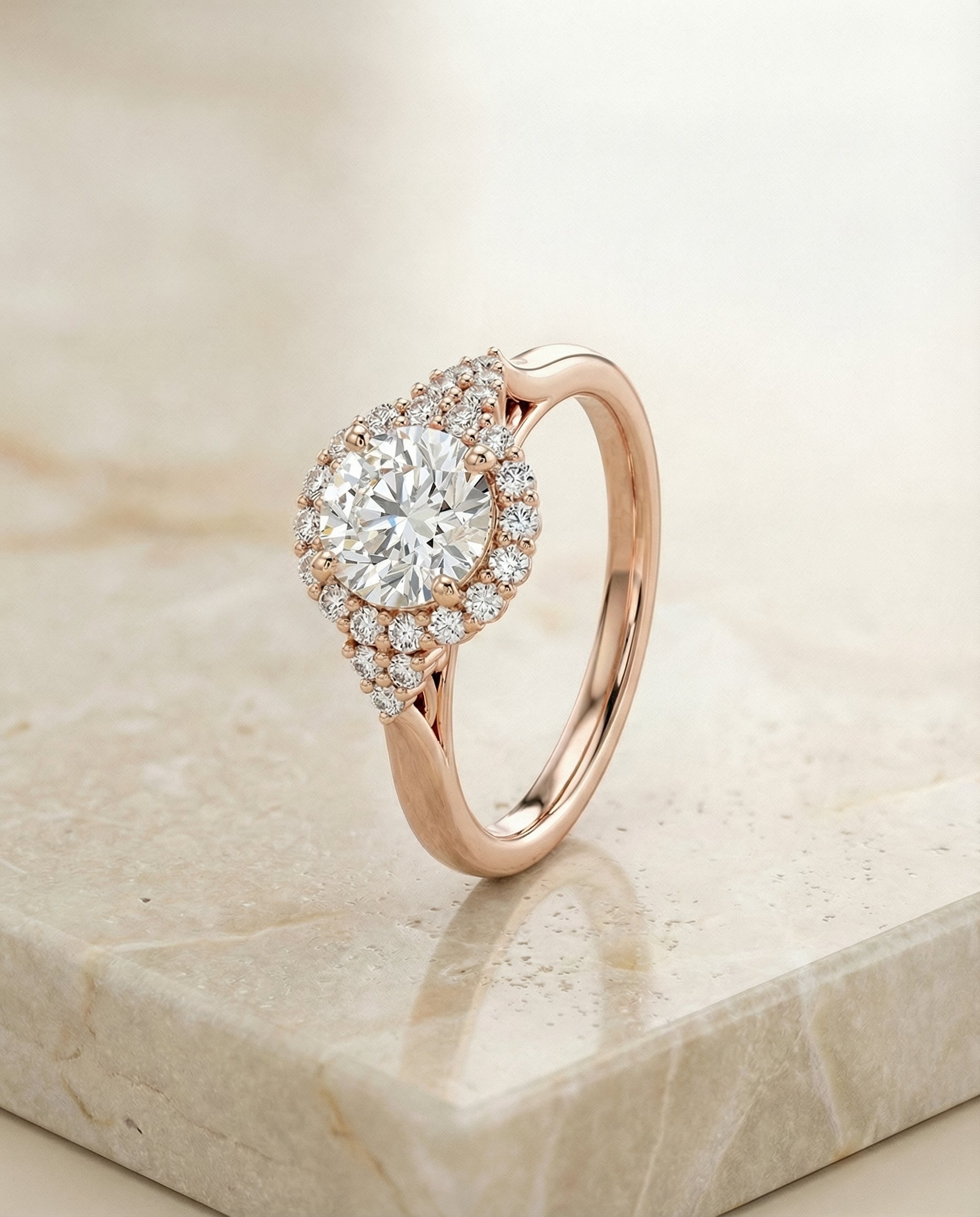 Kai Select Scroll Gallery Halo Round Lab Diamond Engagement Ring in 14K Rose Gold, front view | RockHer