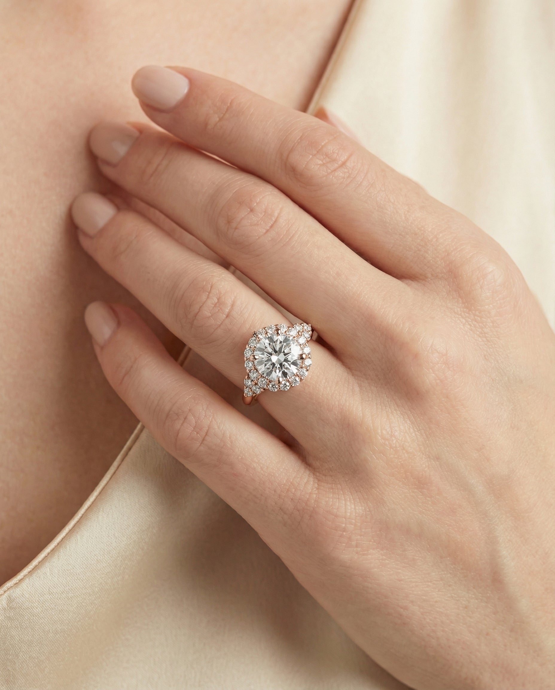 The Kai engagement ring setting in 14K Rose Gold, scroll gallery halo design | RockHer