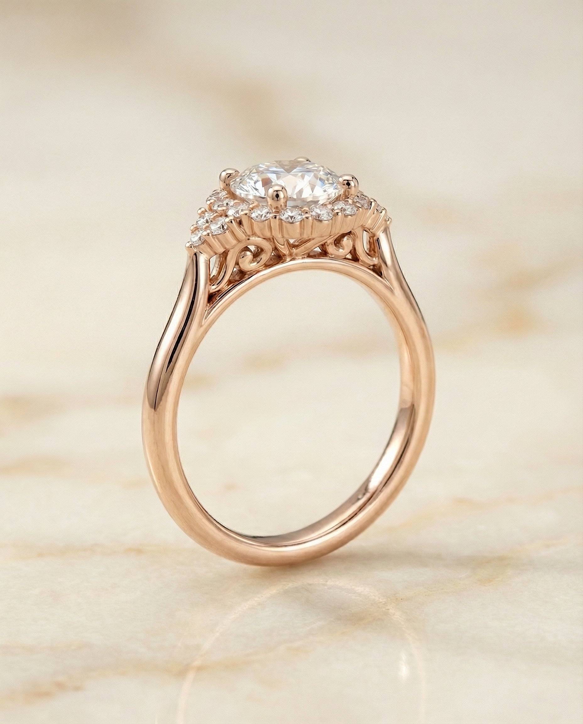 The Kai scroll gallery halo engagement ring setting, shown in 14K Rose Gold | RockHer