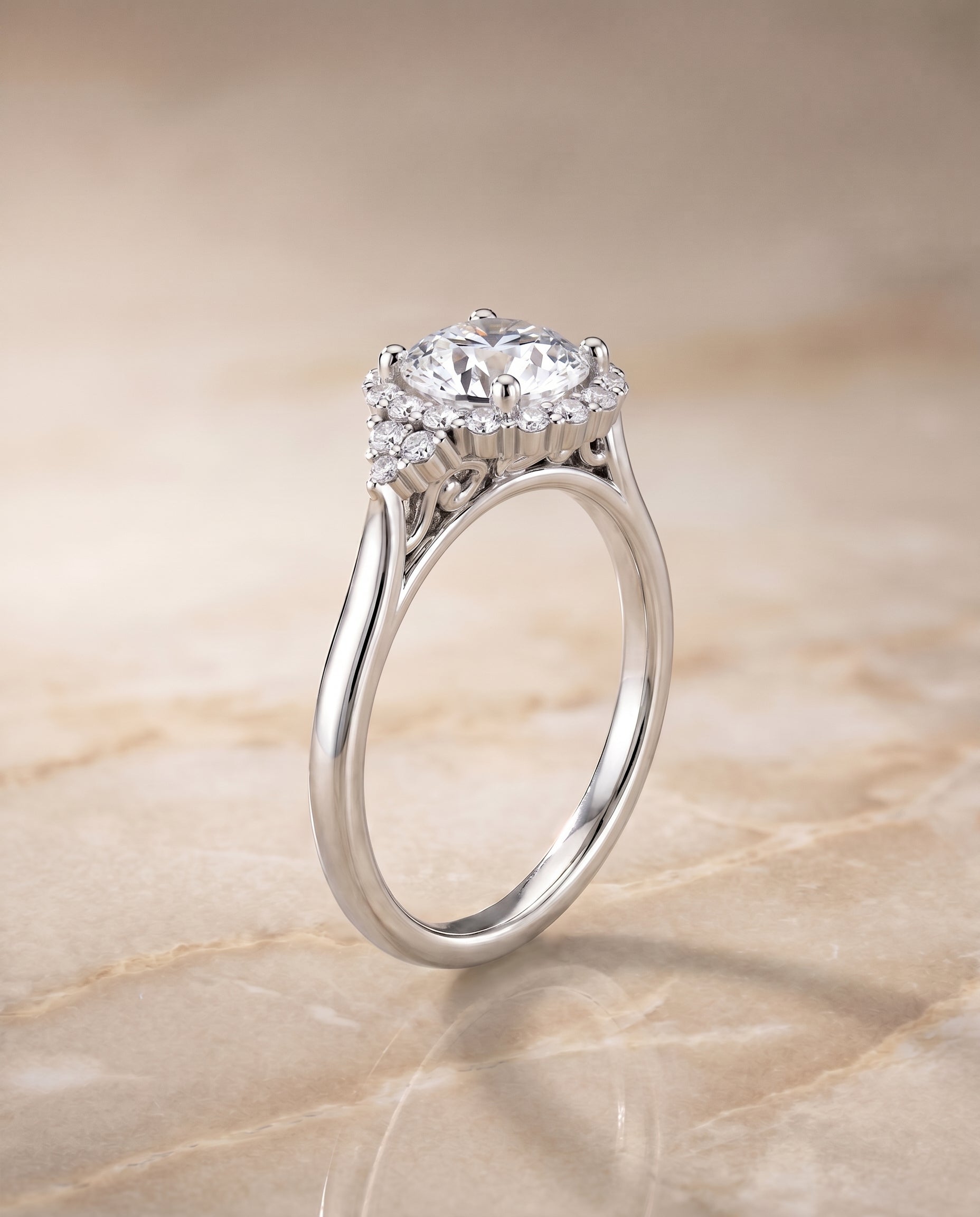 The Kai scroll gallery halo engagement ring setting, shown in Platinum | RockHer