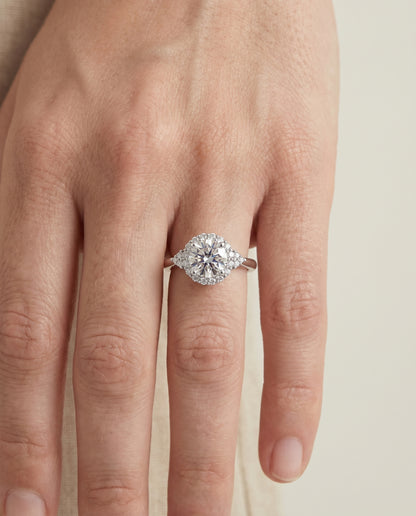 Round Brilliant, Scroll Gallery Halo, in Platinum, pave setting – lifestyle shot | RockHer